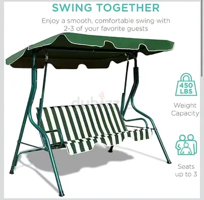 Green Outdoor 3-Seater Canopy Swing Chair — Striped Cushion
