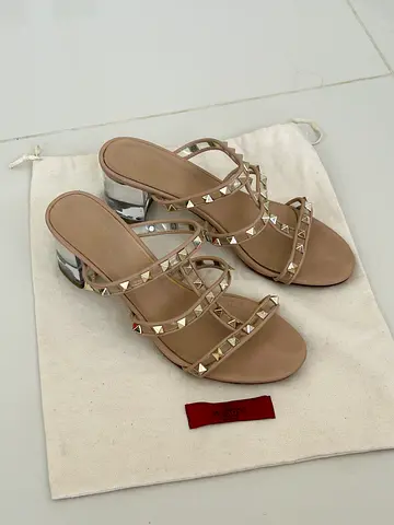 Valentino Beige Studded Block Heel Sandals- Size 39 authentic