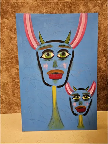 Original Hand-Painted Surrealist Canvas (Blue Background, Abstract Figures)