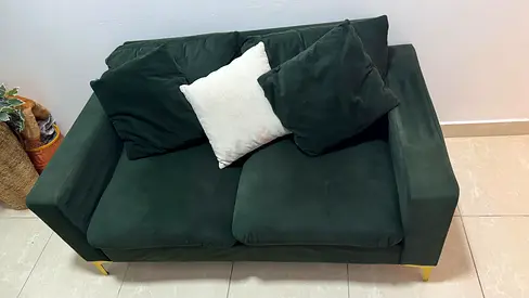 Compact 2-seater Green Velvet Sofa with Cushions — Good Condition