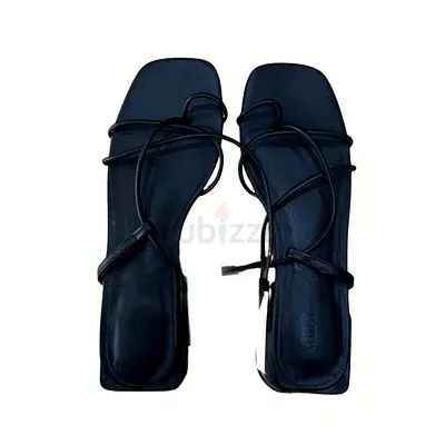 RESERVED Black Strappy Flat Sandals with Square Toe - 35