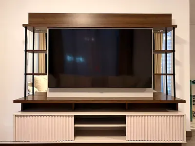 Wooden TV Entertainment Unit with Shelves and Sliding Doors