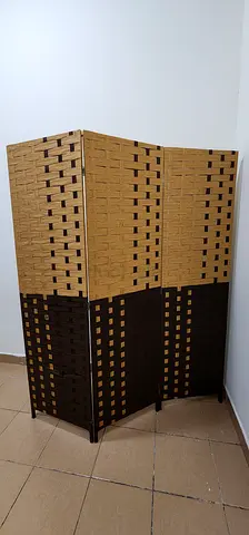 Wooden Woven 3-Panel Room Divider / Privacy Screen - Beige  Brown