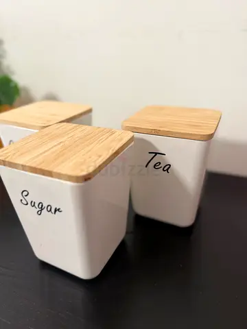 Set of 3 White Kitchen Canisters with Bamboo Lids (Sugar, Tea, Coffee)