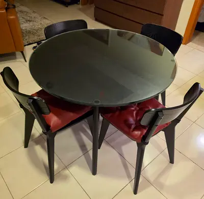 Round Glass Top Dining Table with 4 Chairs - Black Frame