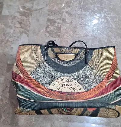 Gattinoni large patterned canvas tote bag with leather trims