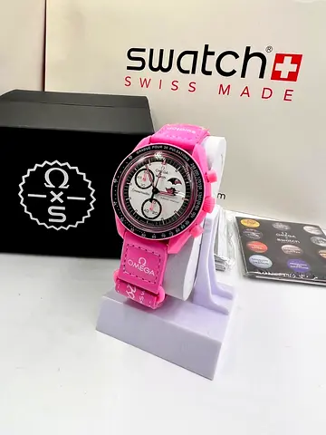 Pink Swatch x Omega Collab Chronograph Master Copy Watch - Pink Strap