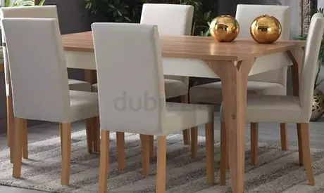 6-Seater Light Wood Dining Table with Upholstered Chairs