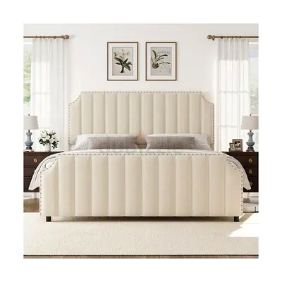 Beige Upholstered King Bed with Padded Headboard and Footboard