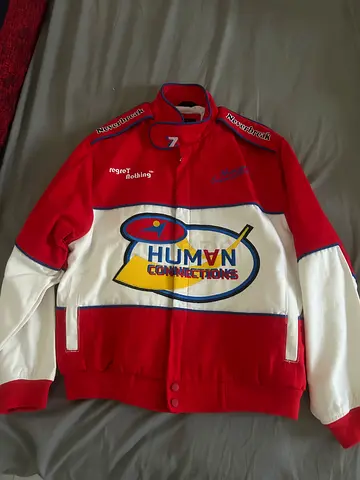 ZARA Red and white Human Champions zipped jacket, size M