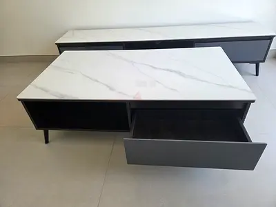 Modern Grey Coffee Table and TV Console Set with Marble-effect Tops