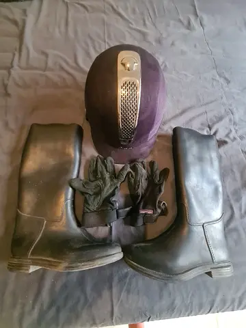 Used Equestrian Riding Helmet, Tall Riding Boots and Gloves