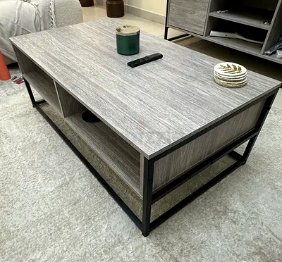 Modern Grey Wood Coffee Table with Black Metal Frame and tv table