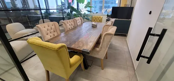 Solid Wood Rectangular 8-Seater Dining Set with Upholstered Chairs