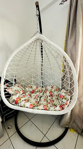 White Hanging Egg Chair with Floral Cushion and Stand