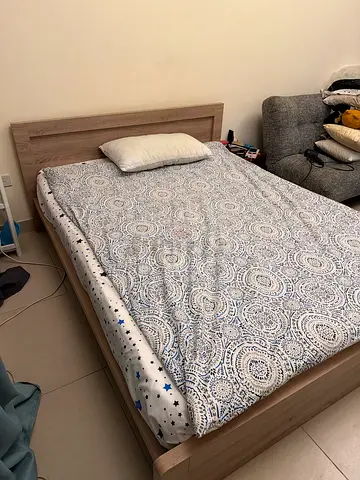 Wooden queen bed frame with mattress - good condition