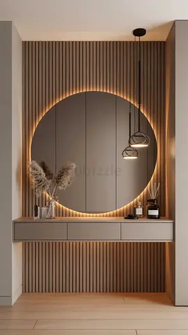 Modern Floating Console with Backlit Round Mirror and Wood Slat Feature