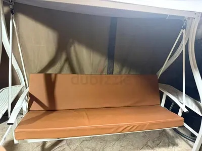 Outdoor 3-Seater Swing Bench with Canopy — White Frame, Tan Cushions