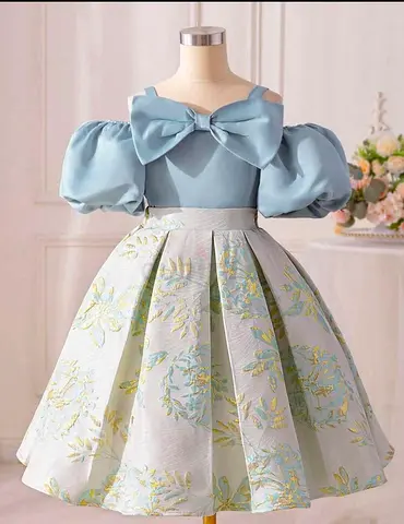 Light Blue Floral Party Dress with Puff Sleeves and Bow (Girls 6-8 years) shein brand