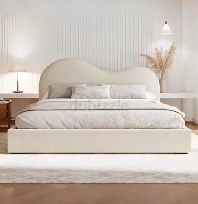 Minimalist Modern Upholstered Double Bed with Curved Headboard - Cream