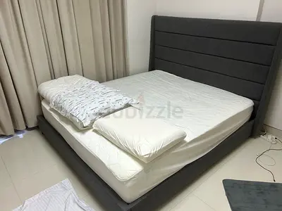 Grey Fabric king Bed Frame with Headboard - Good Condition