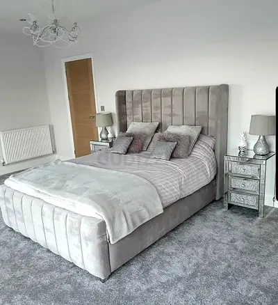 Grey Velvet Double Bed with Headboard and Base (Boxed) - Good Condition