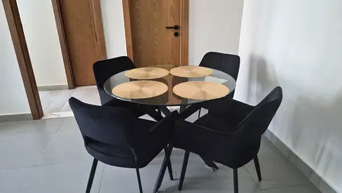 Glass Top Round Dining Table with 4 Upholstered Chairs - Modern Set
