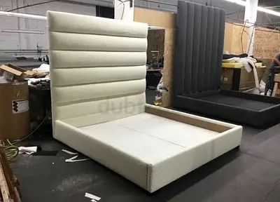 Upholstered King-Size Bed Frame with Tall Padded Headboard - Cream