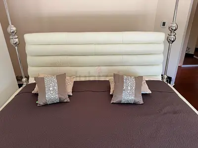 Modern White Leather  Upholstered King Headboard —  Very Good Condition