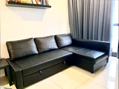Black L-shaped Leather Corner Sofa with Storage (Right-facing)