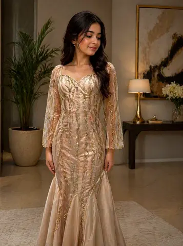 Elegant champagne evening gown with lace sleeves, size approx UK 8-10