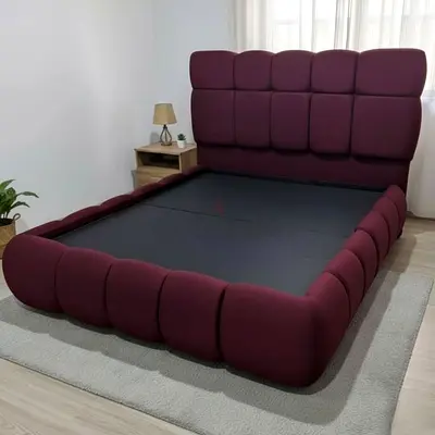 Modern Plush Upholstered King Bed Frame in Deep Burgundy