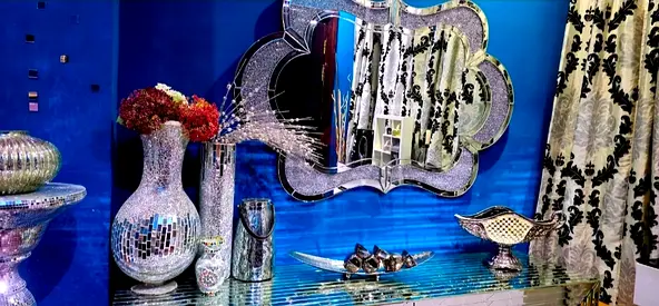 Decorative Mirrored Console with Ornate Wall Mirror and Silver Accents