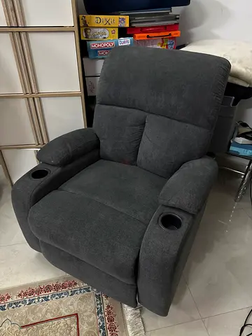 Single Gray Fabric Recliner Chair with Cup Holders - Good Condition