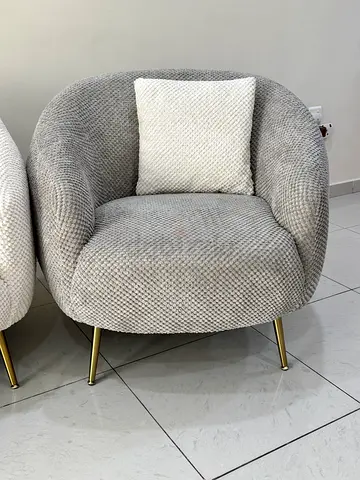 Two Grey Plush Accent Armchairs with Gold Legs