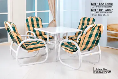 White Outdoor/Pati o Table with 4 Green Check Cushioned Chairs - Set