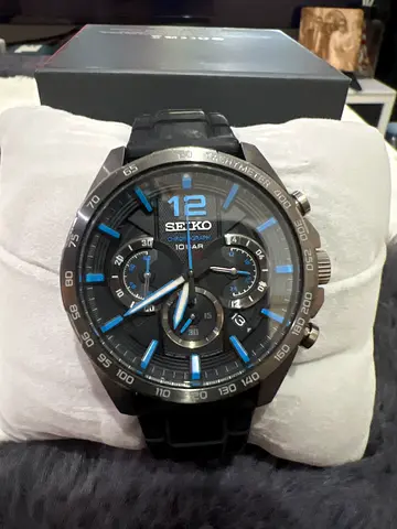 Seiko Chronograph Mens Watch - Black with Blue Accents