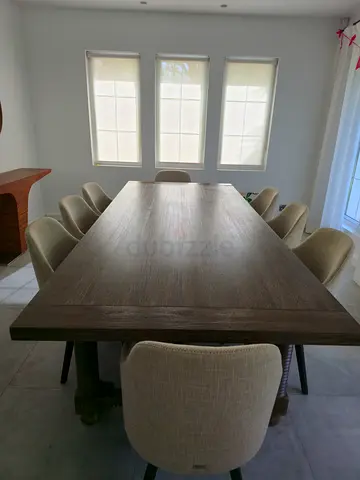 Solid Wood Dining Table with Upholstered Chairs (8-seater) - Light Oak Finish