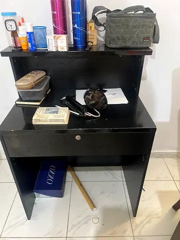 Small Black Wooden Side Table with Drawer and Shelves