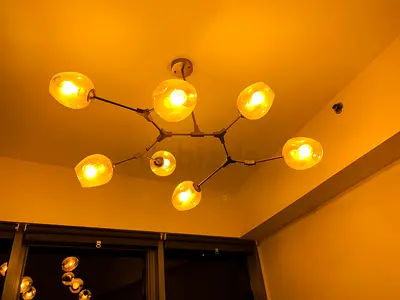 Modern 7-Light Branch Chandelier with Amber Glass Shades