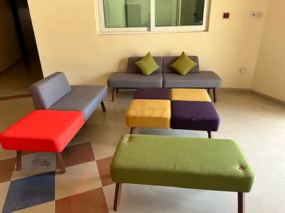Modern Mid-Century Style Sofa Set with Colorful Ottomans - 4 Pieces