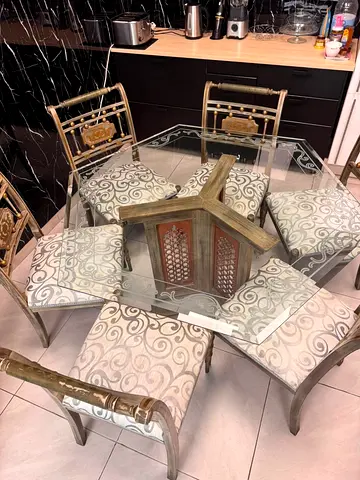 Glass Top Dining Table with 6 Upholstered Chairs - Hexagonal Design