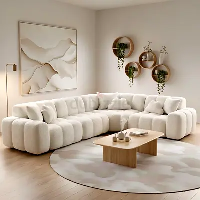 Modern Cream Curved Modular Sectional Sofa - Plush Bouclé Finish