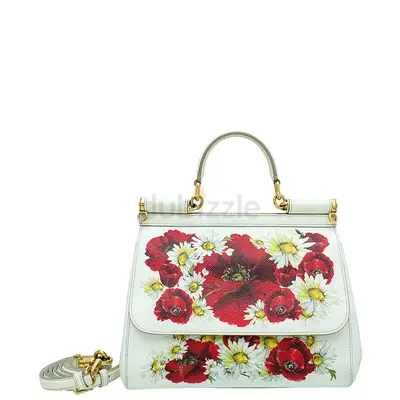 Authentic Dolce  Gabbana White Multicolor Flower Print Sicily Medium Bag