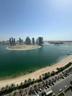 Luxury apartment for rent in Al Khan, near Al Mamzar Lake. 3 bedrooms, living room, maid's room,