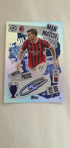 A signed Christian Pulisic card from the Man of the Match edition, featuring the players autograp