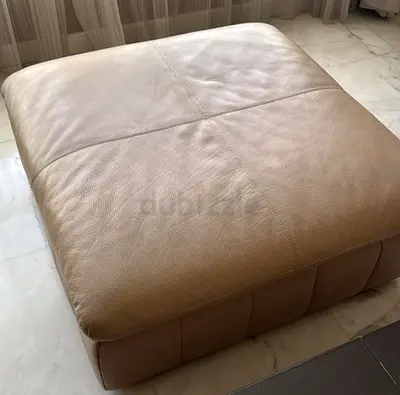 Large Beige Leather Ottoman / Pouf
