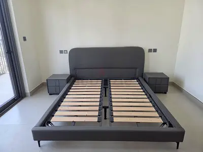 Grey Upholstered Double Bed Frame with Headboard and Slatted Base