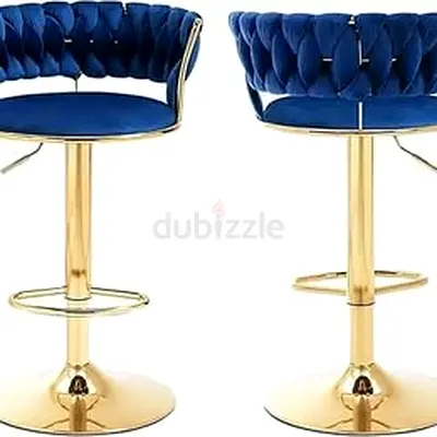 Set of 2 Blue Velvet Gold Base Adjustable Bar Stools