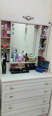 White with pink Wooden Dresser with Mirror and Shelves — Excellent Condition